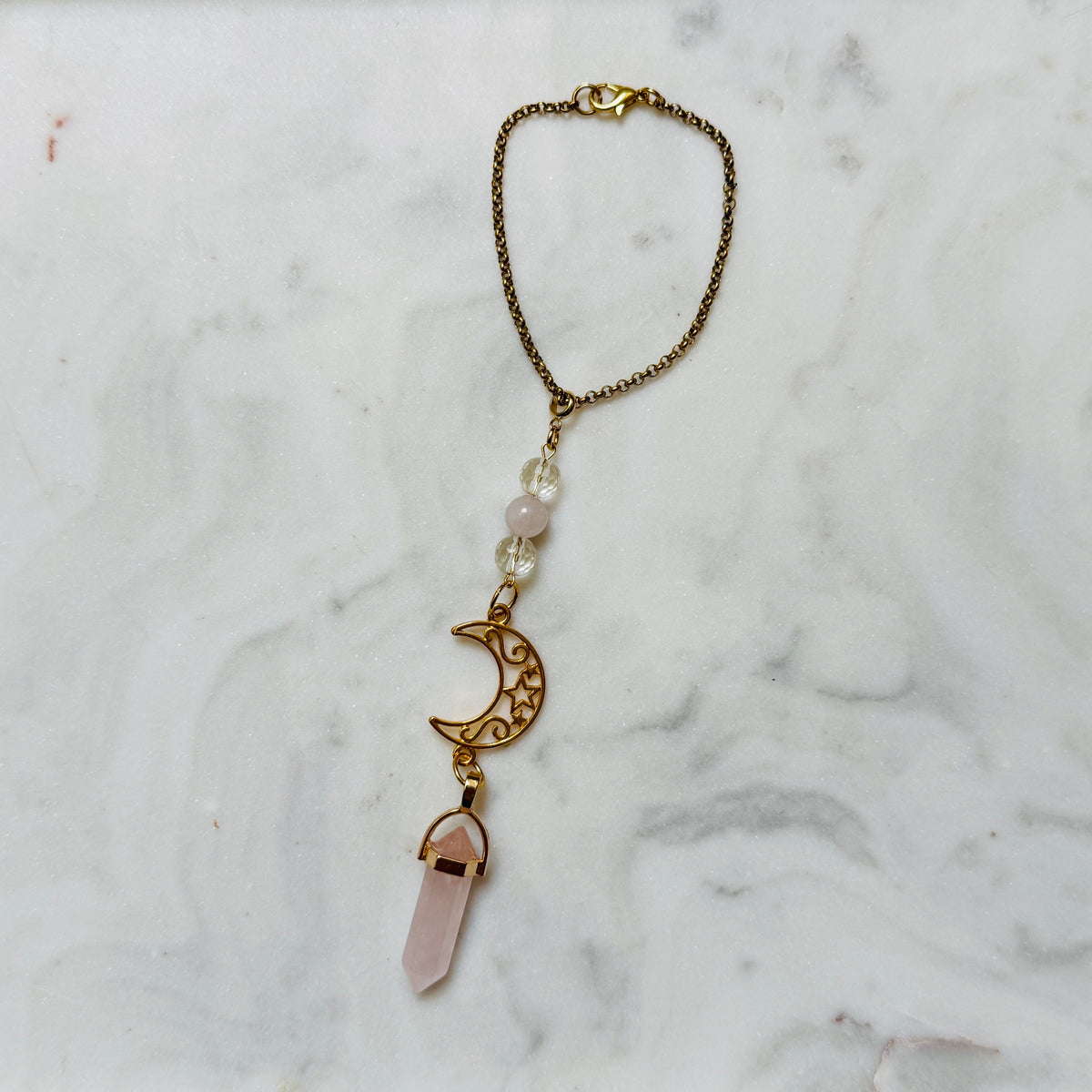 Gold Moon Rearview Mirror Charm with Crystal Pendulum