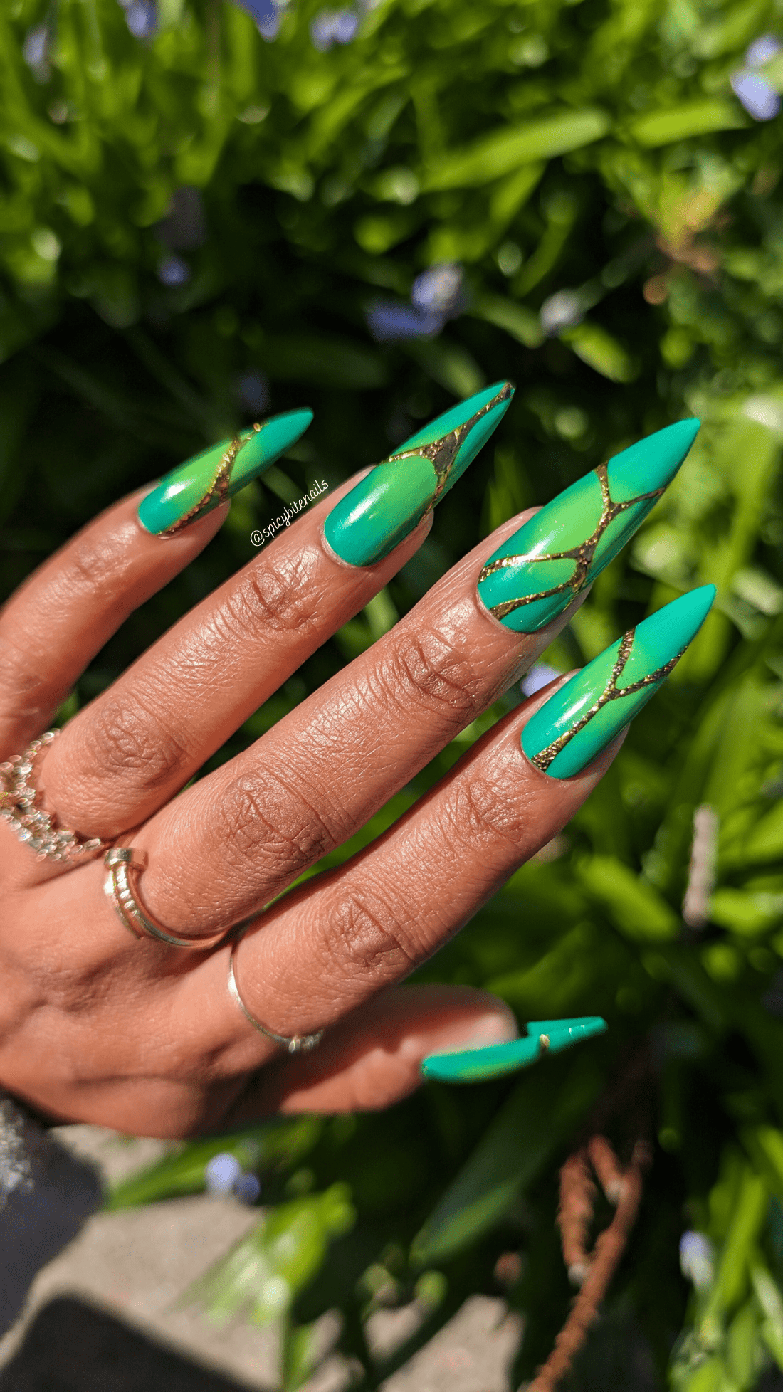 Green with Envy - Y2K Green Aura and Gold Chrome False Press-On Nail Extensions 10pcs