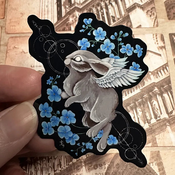 Angel Bunny Art Vinyl Sticker with Forget Me Nots, Original Hand-Painted Art