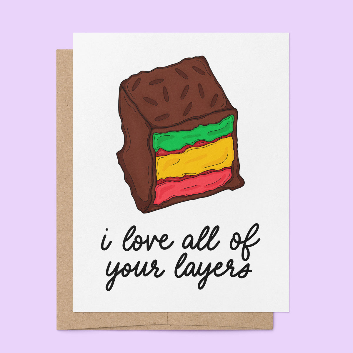 I Love All of Your Layers card flat lay — illustrated Italian cookie Valentine&
