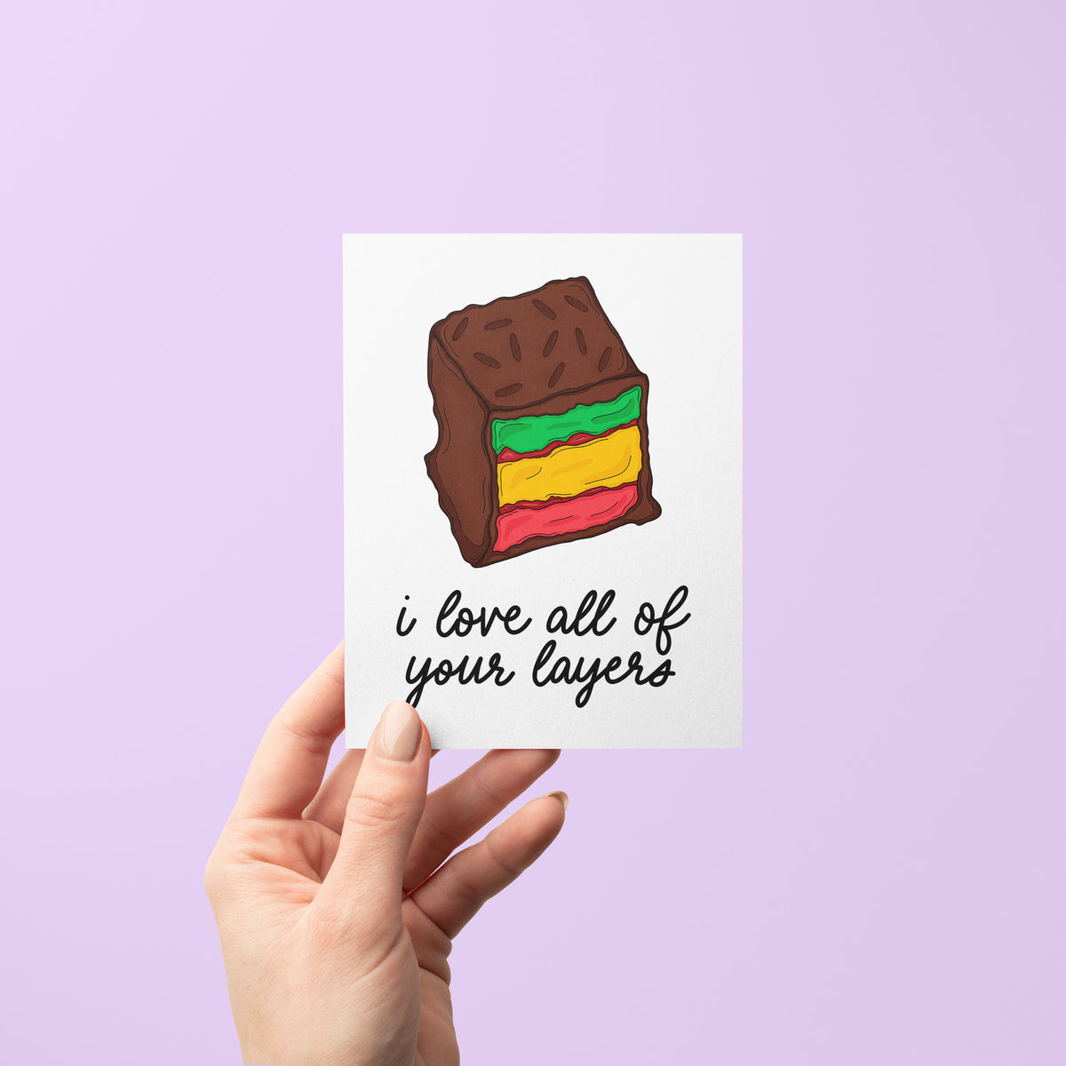 I Love All of Your Layers card with A2 kraft envelope — foodie love card by indie artist MangoIllustrated