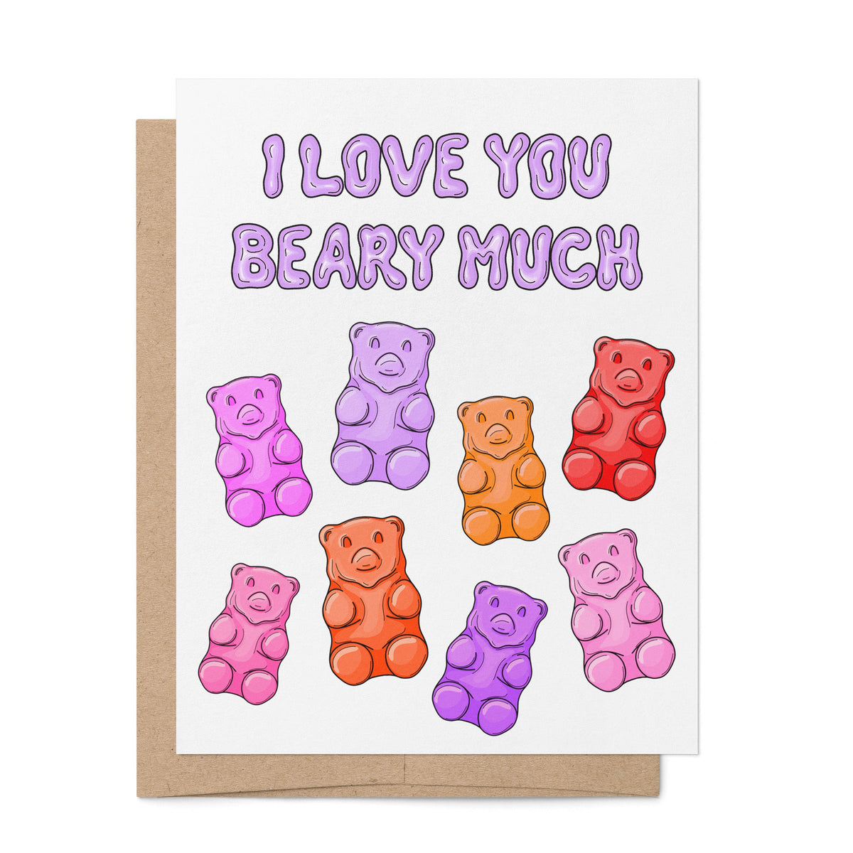 Love You Beary Much card — hand drawn gummy bears with gummy style lettering, A2 4.25 x 5.5 inches, by MangoIllustrated