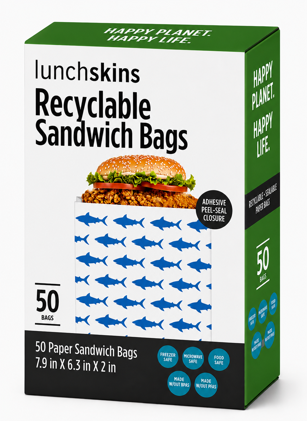 Box of lunchskins recyclable sandwich bags with a burger illustration on a white background