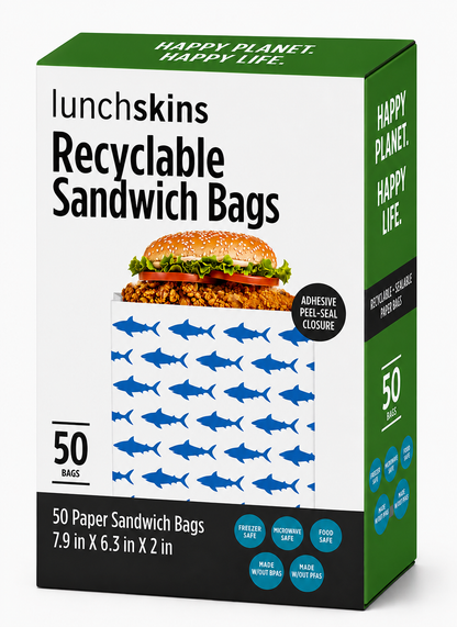 Box of lunchskins recyclable sandwich bags with a burger illustration on a white background