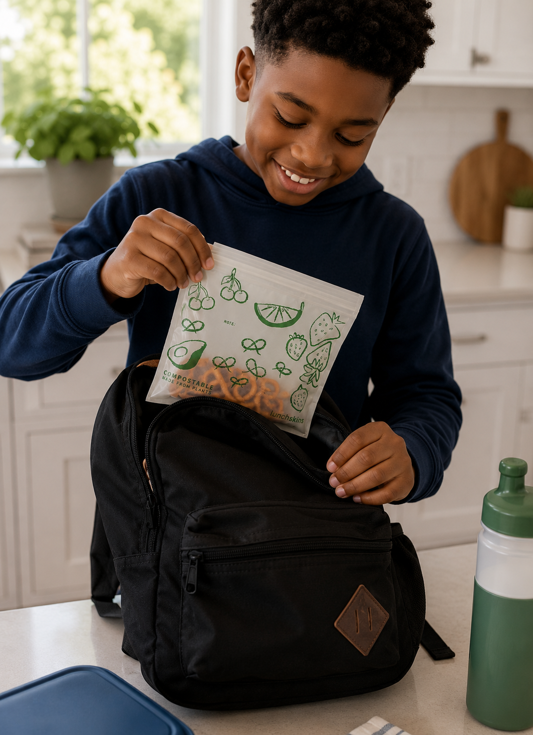 Child opening a black backpack with a coloring book inside, in a kitchen setting.