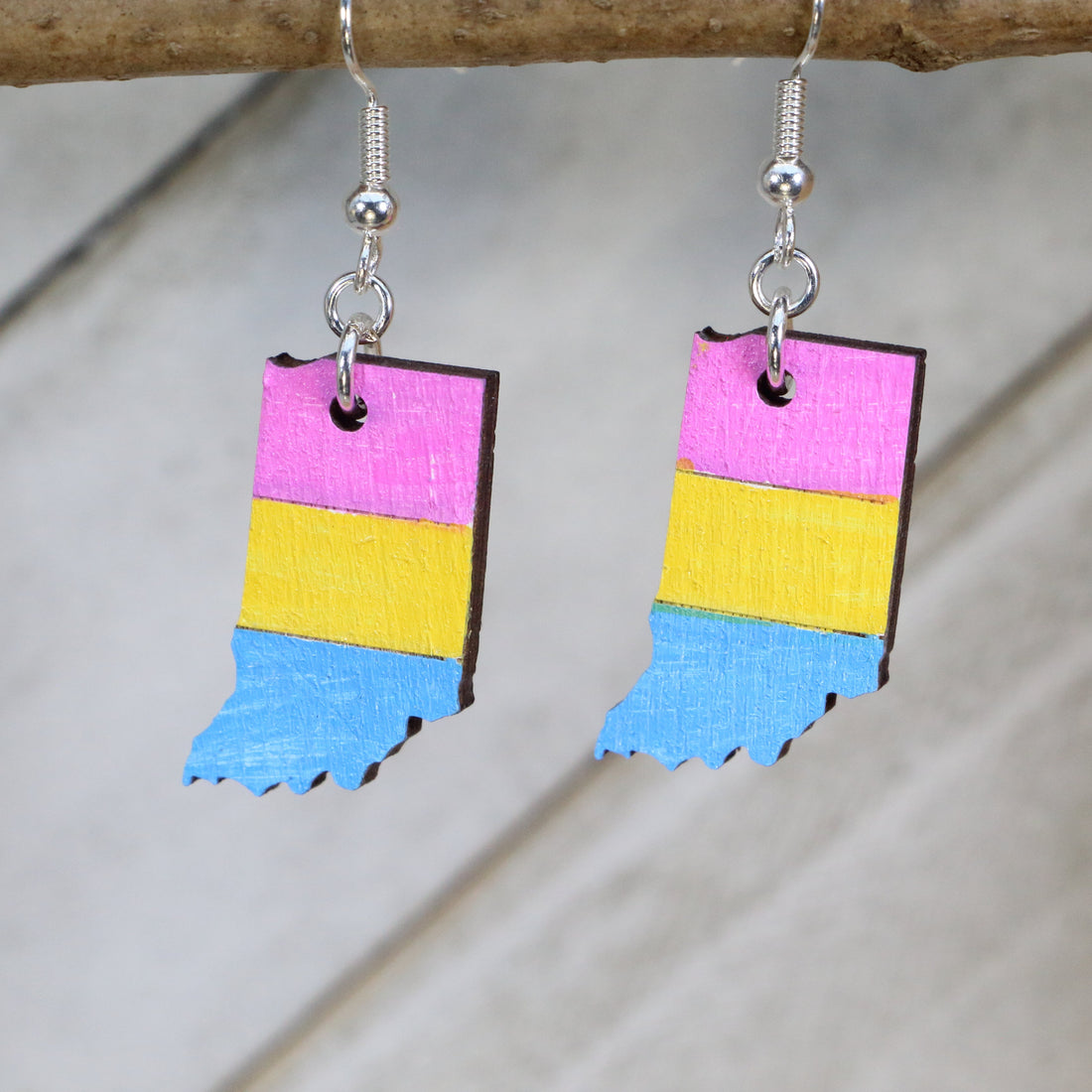 Hand-painted wooden Indiana pansexual pride flag dangle earrings with pansexual pride colors and Indiana state design, hypoallergenic sterling silver hooks, and lightweight LGBTQ jewelry for state pride and inclusive style by Cate’s Concepts