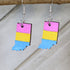 Hand-painted wooden Indiana pansexual pride flag dangle earrings with pansexual pride colors and Indiana state design, hypoallergenic sterling silver hooks, and lightweight LGBTQ jewelry for state pride and inclusive style by Cate’s Concepts