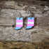 Hand-painted wooden Indiana transgender pride dangle earrings featuring the Indiana state silhouette with pink, blue, and white transgender pride stripes, hypoallergenic sterling silver hooks, and lightweight LGBTQ+ state pride jewelry by Cate&