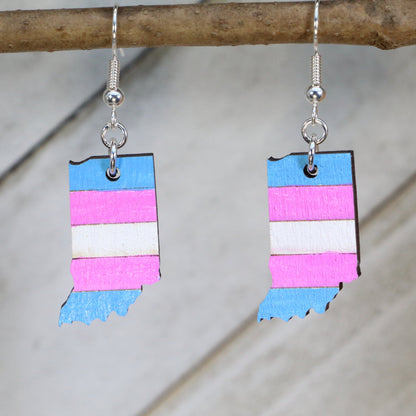 Hand-painted wooden Indiana transgender pride flag dangle earrings with state-inspired trans flag design and hypoallergenic sterling silver hooks, lightweight LGBTQ jewelry for Indiana pride and inclusive style by Cate’s Concepts