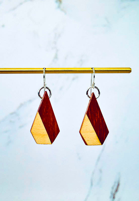 Wooden cone inlay earrings on sterling silver, choice of hardwood base with contrasting inlay