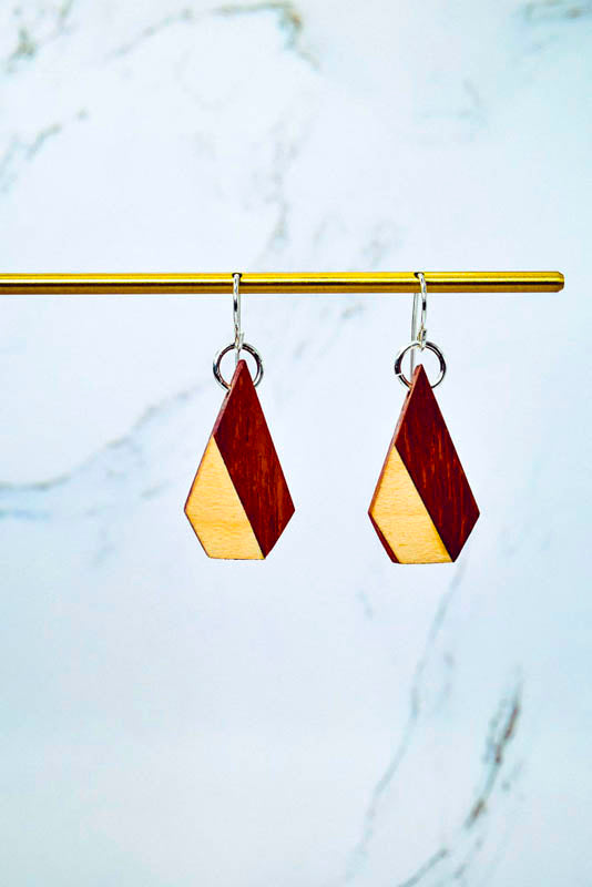 Inlay cone earrings in walnut with cherry accent, lightweight wooden drop on nickel-free hardware