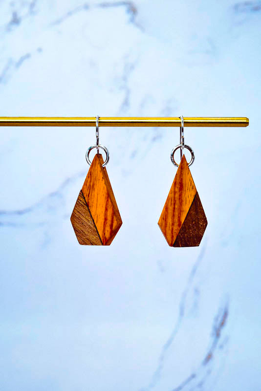 Handmade wooden cone earrings, two-tone hardwood drop with sterling silver hooks
