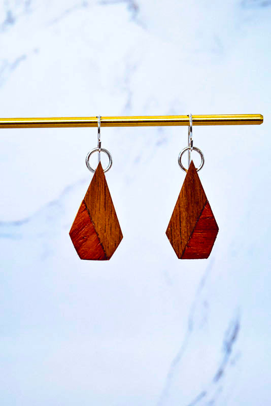 Handmade wooden cone earrings, two-tone hardwood drop with sterling silver hooks
