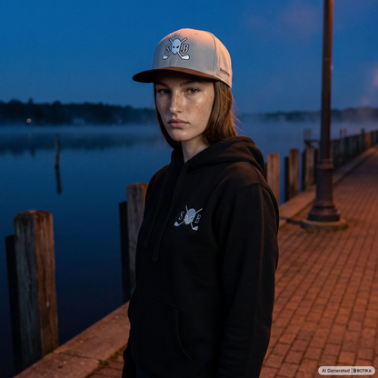 A person standing on a brick pier by the water at dusk, wearing a black hoodie with a small white chest graphic and a light gray cap with a dark brim. The background shows calm water, wooden posts, and a lamppost under a deep blue evening sky.