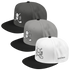 Three flat-brim snapback caps shown in gray, light gray, and white, each with a black brim and a white skull-and-crossbones graphic featuring a large letter B on the front. A small &