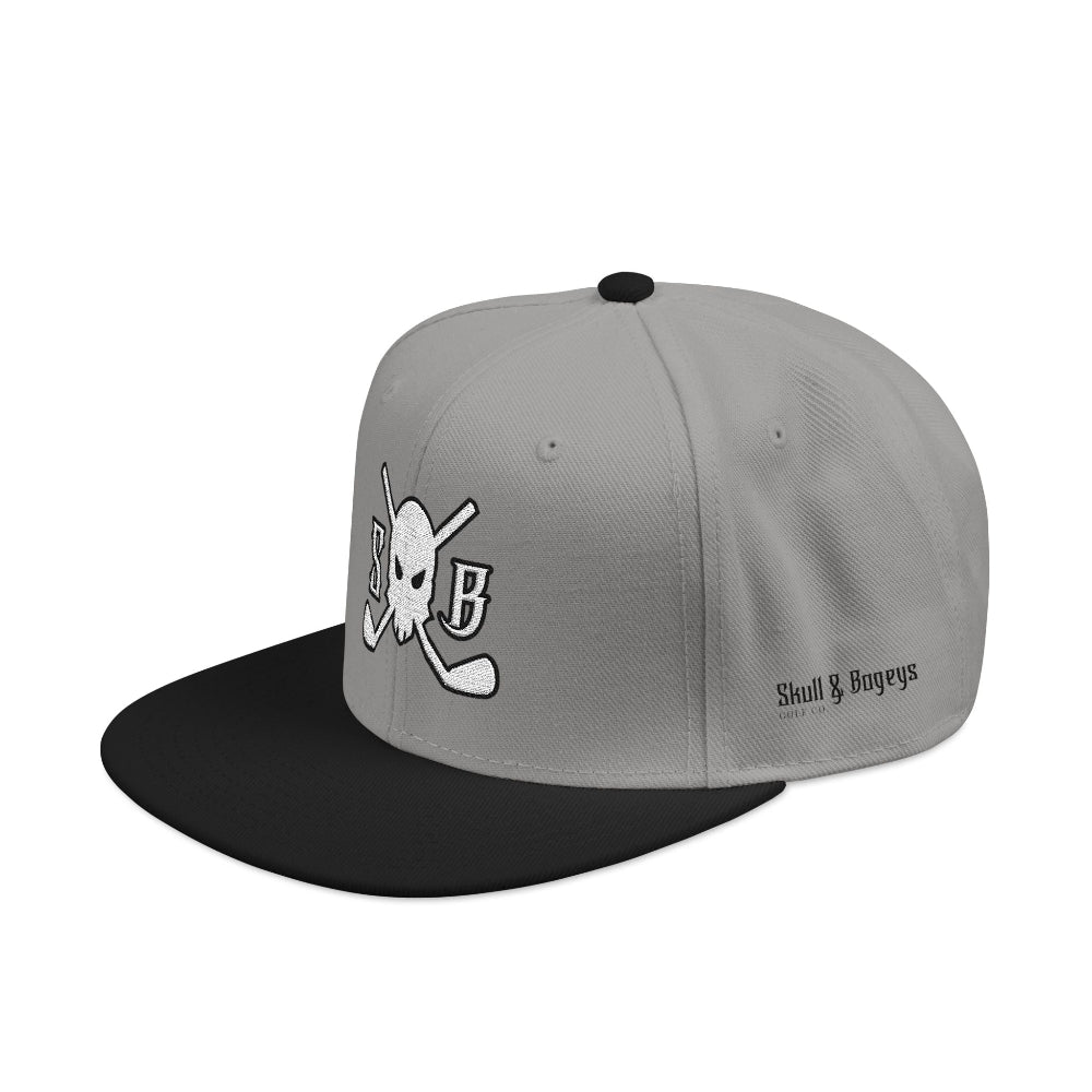 Gray and black cap with embroidered designs on a white background