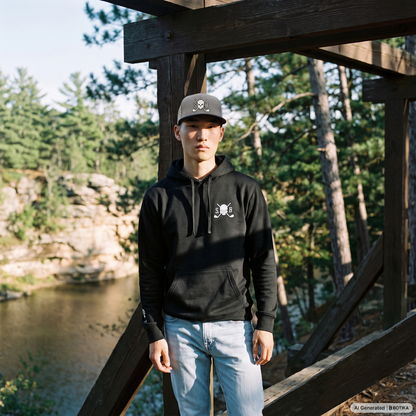A man stands outdoors in front of a wooden structure by a river, wearing a black pullover hoodie with a small white chest graphic, a gray baseball cap, and light blue jeans.