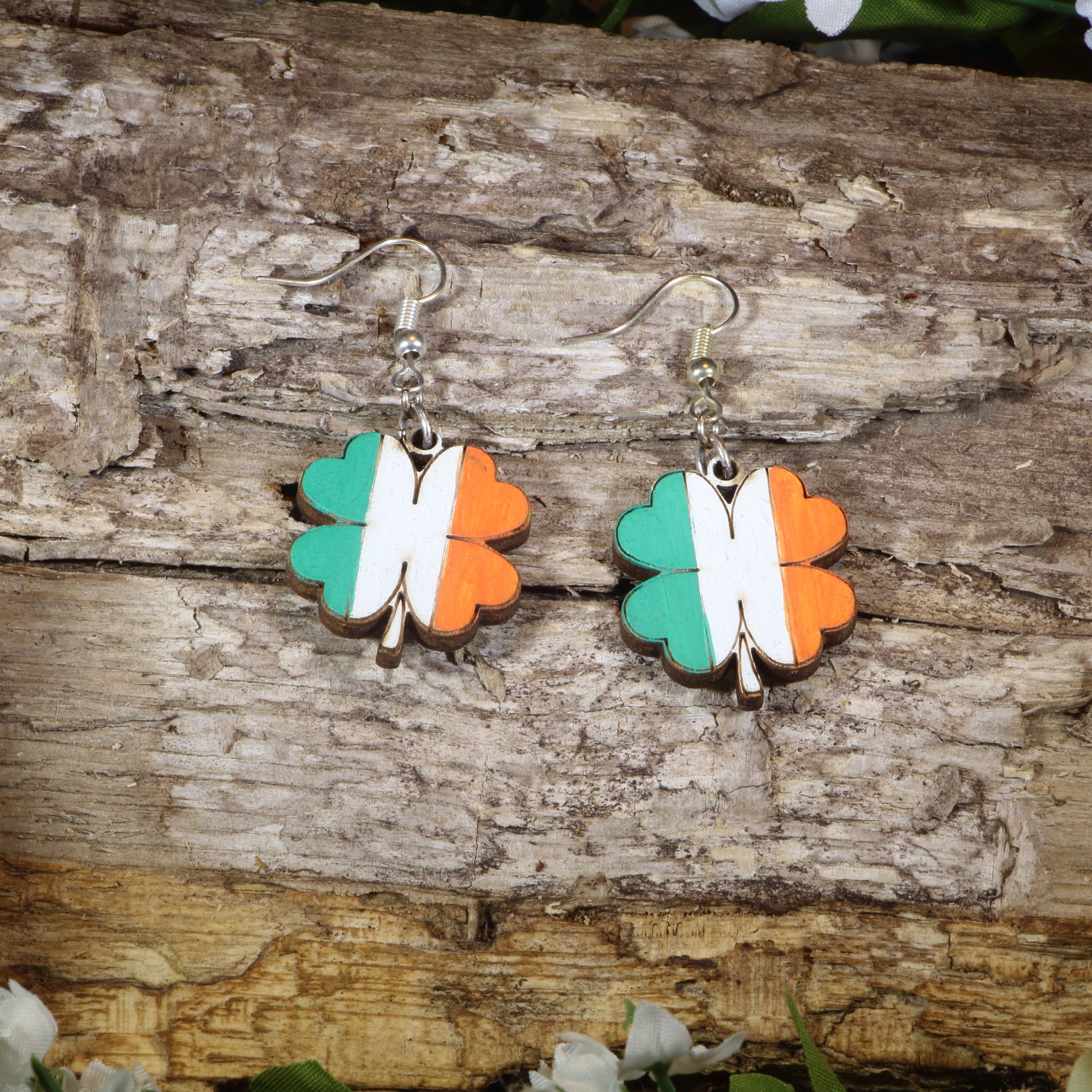 Hand-painted wooden Irish flag four leaf clover dangle earrings featuring a shamrock design in green, white, and orange, hypoallergenic sterling silver hooks, and lightweight St. Patrick’s Day jewelry for Irish pride celebrations by Cate&
