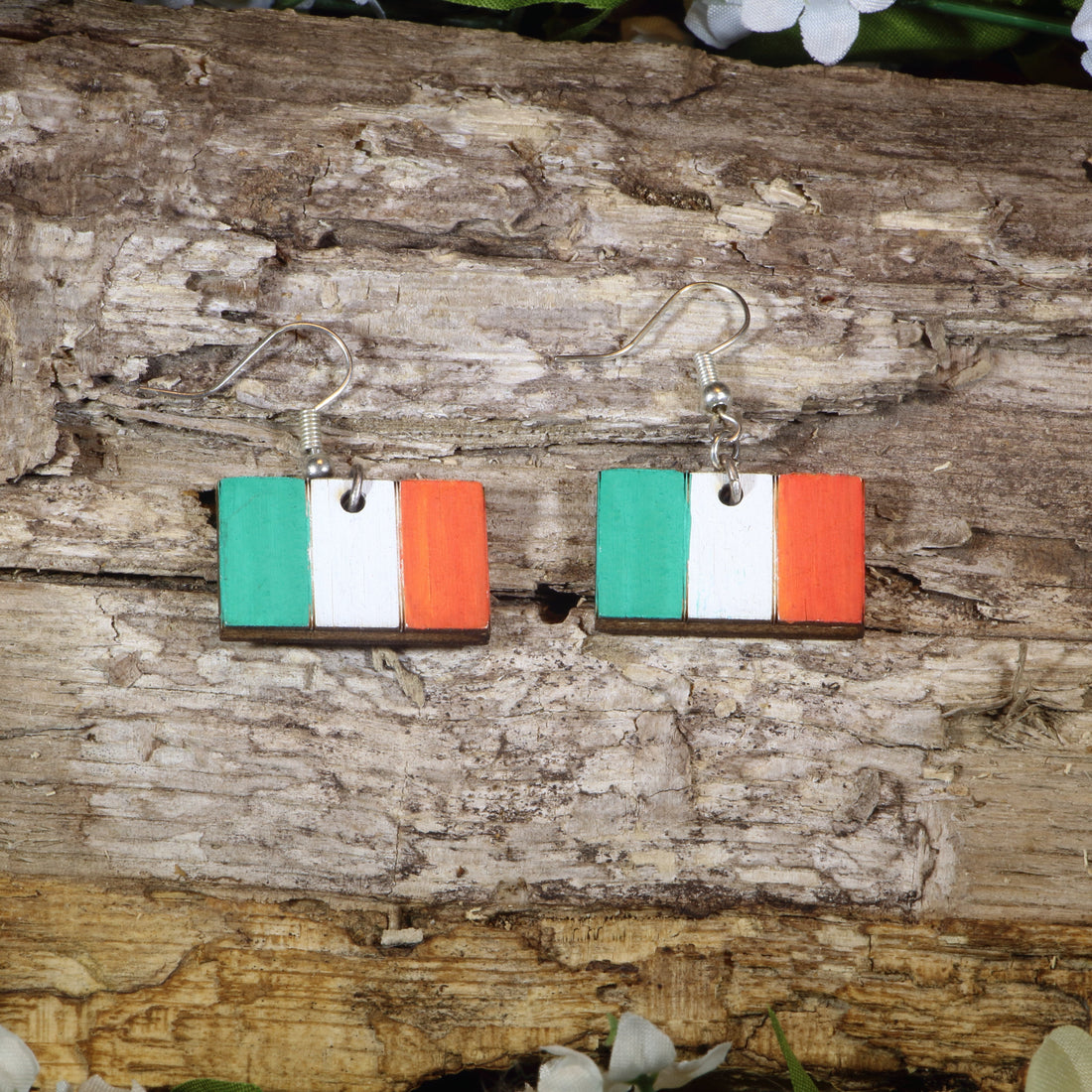 Hand-painted wooden Irish flag dangle earrings featuring the green, white, and orange tricolor design, hypoallergenic sterling silver hooks, and lightweight Irish pride jewelry for St. Patrick’s Day celebrations and Irish heritage by Cate&