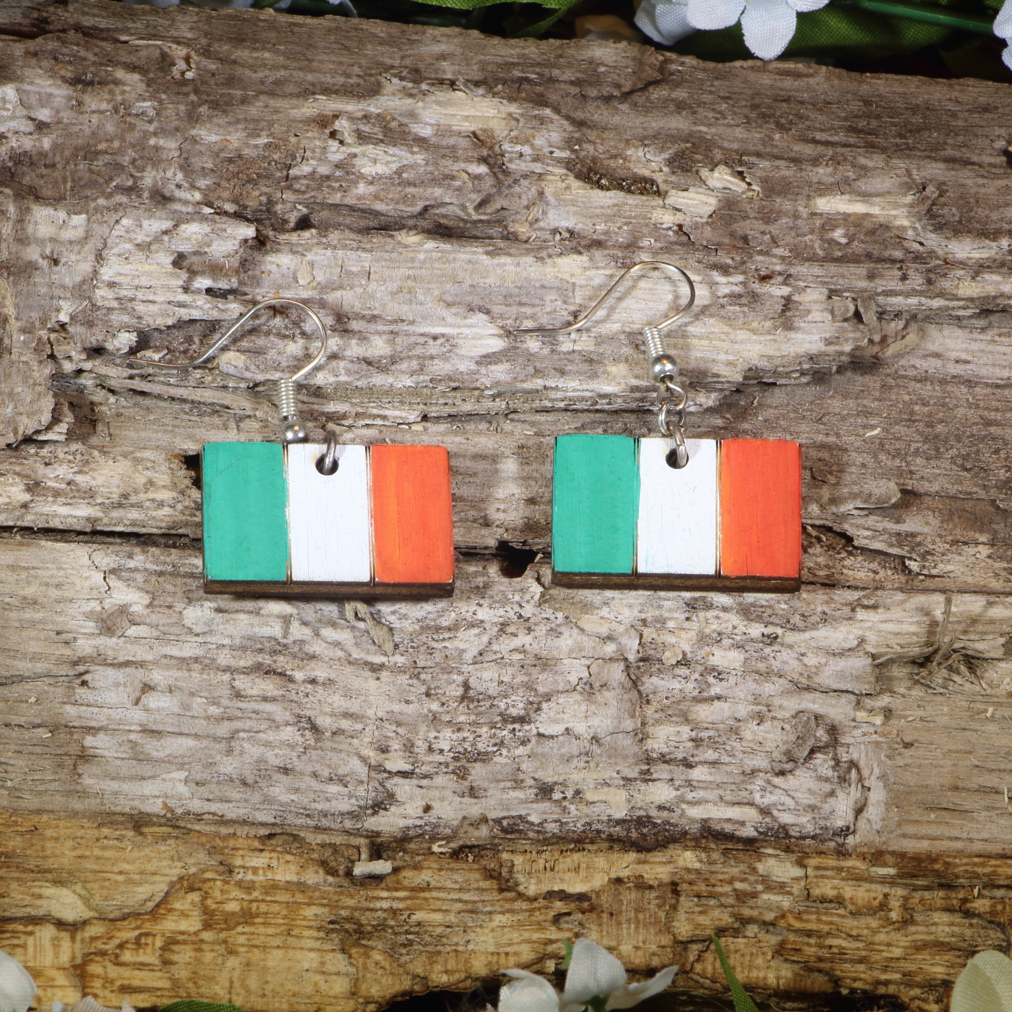 Hand-painted wooden Irish flag dangle earrings featuring the green, white, and orange tricolor design, hypoallergenic sterling silver hooks, and lightweight Irish pride jewelry for St. Patrick’s Day celebrations and Irish heritage by Cate&