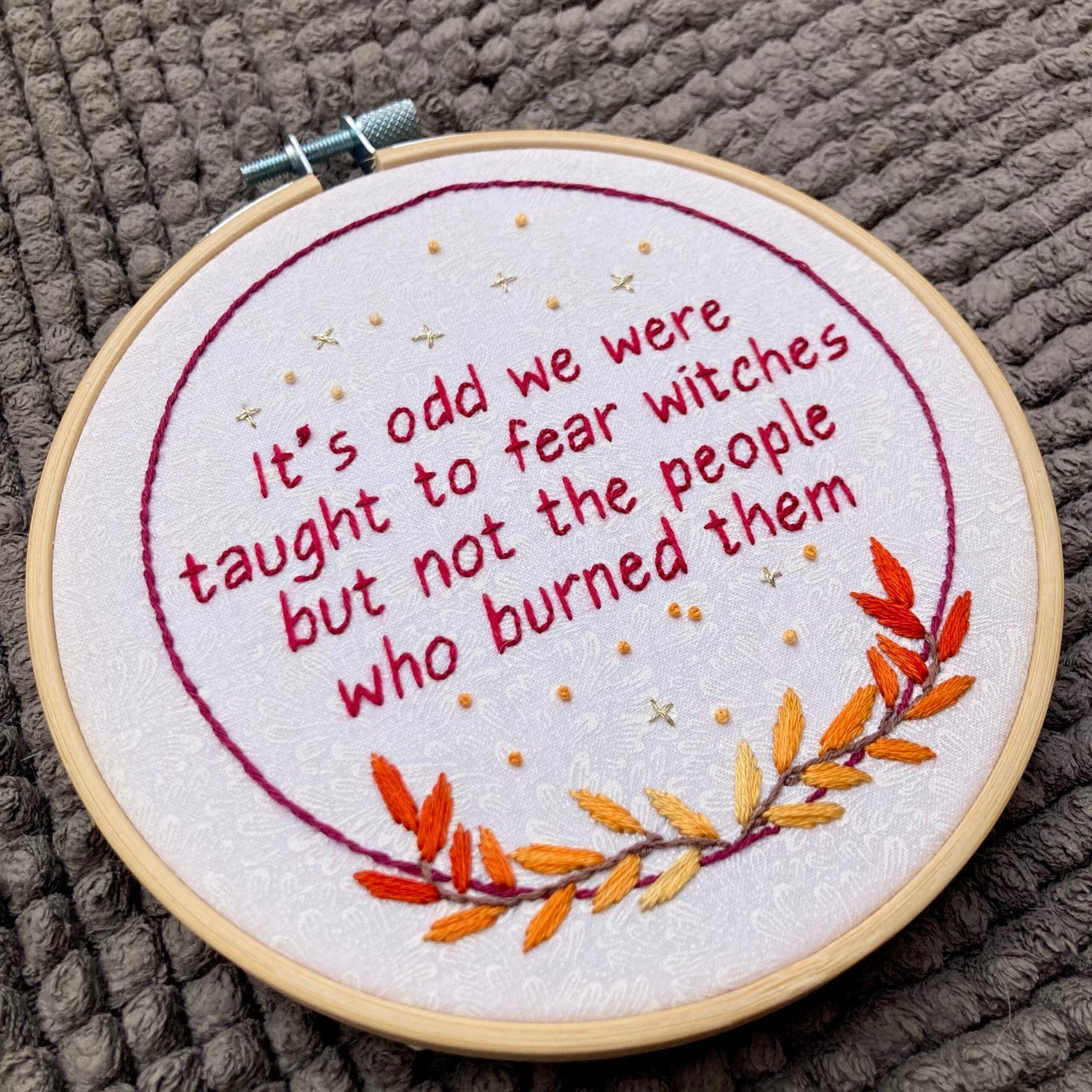 Feminist Witch Beginner Hand Embroidery Pattern: Snarky Quote, Fire Wreath (PDF Digital Download)