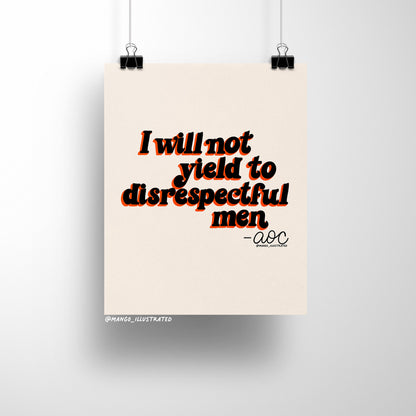 I Will Not Yield art print detail — close up of the retro lettering with red-orange drop shadow, by indie artist MangoIllustrated
