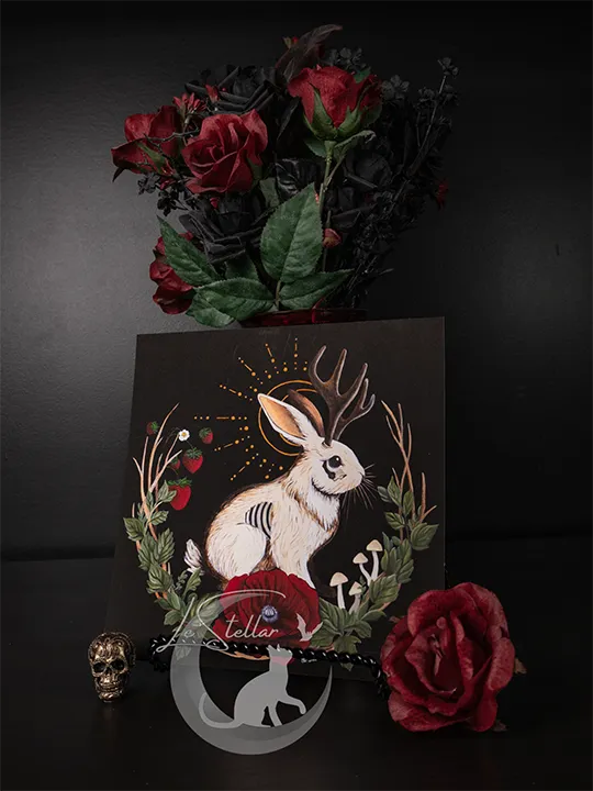 Jackalope Hand-painted Art Print: Gothic Cryptid Rabbit, Dark Cottagecore Decor