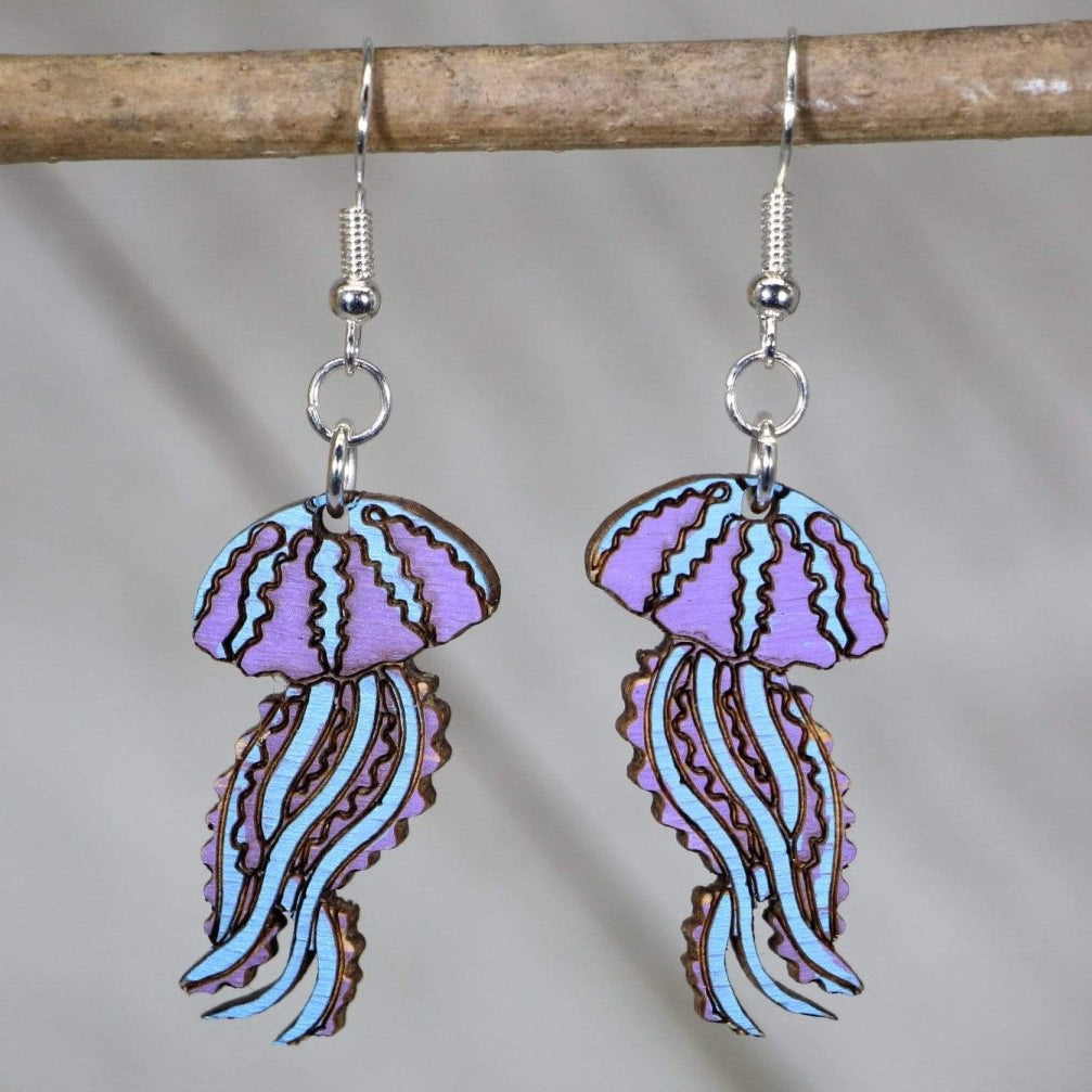 Hand-painted wooden jellyfish dangle earrings with flowing ocean sea life design and hypoallergenic sterling silver hooks, lightweight jellyfish statement jewelry earrings for beach lovers and marine style 