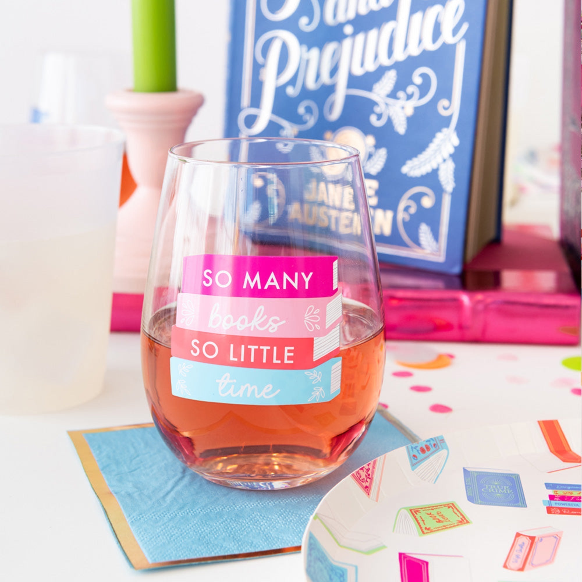So Many Books So Little Time stemless wine glass close-up showing typographic book lover design, Jollity &amp; Co.