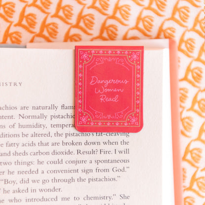 Book Club magnetic bookmark in use inside open book showing secure magnetic closure detail, Jollity &amp; Co.