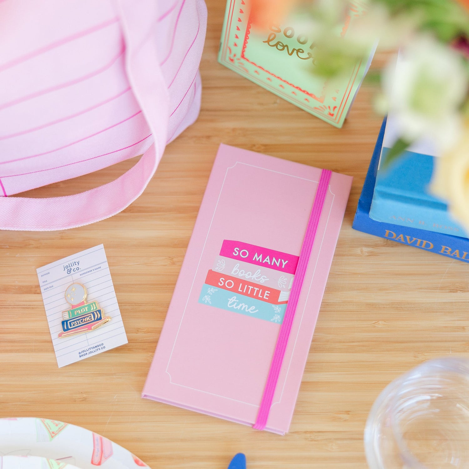 Book Club sticky note set in use for reading notes and bookmarking with fun literary designs, Jollity &amp; Co.