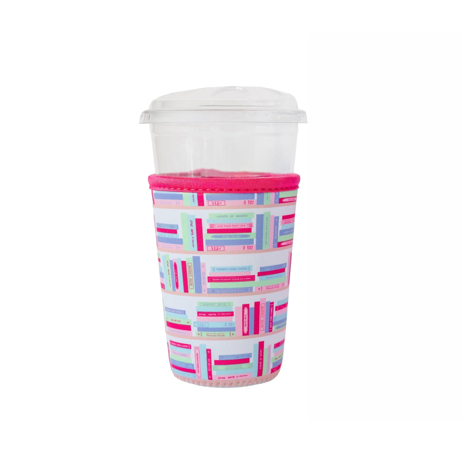 Bookshelf print beverage sleeve displaying colorful book spine illustration on neoprene sleeve, Jollity &amp; Co.