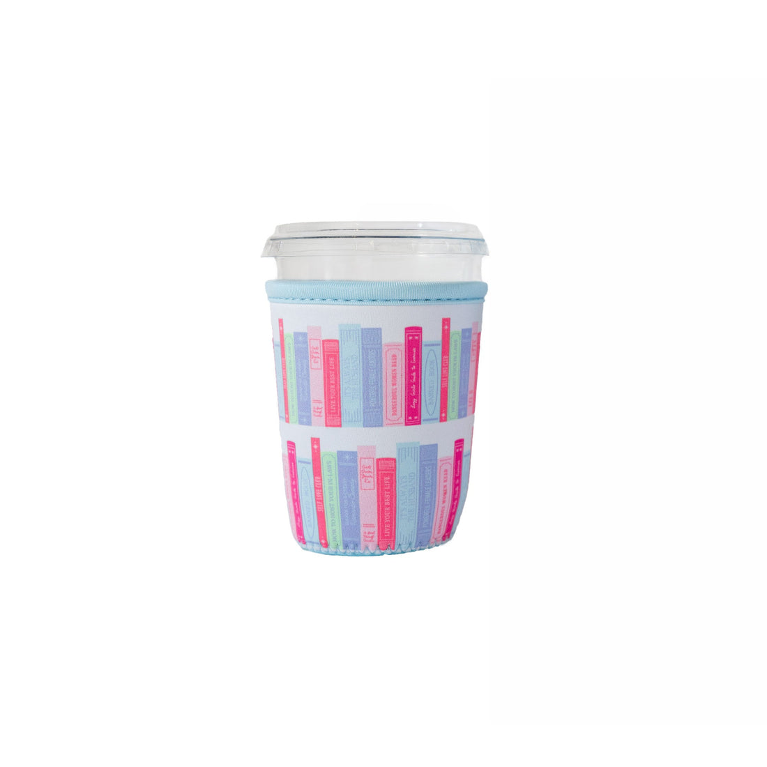 Bookshelf print beverage sleeve with colorful illustrated book spines, available in 2 sizes and styles, Jollity &amp; Co.