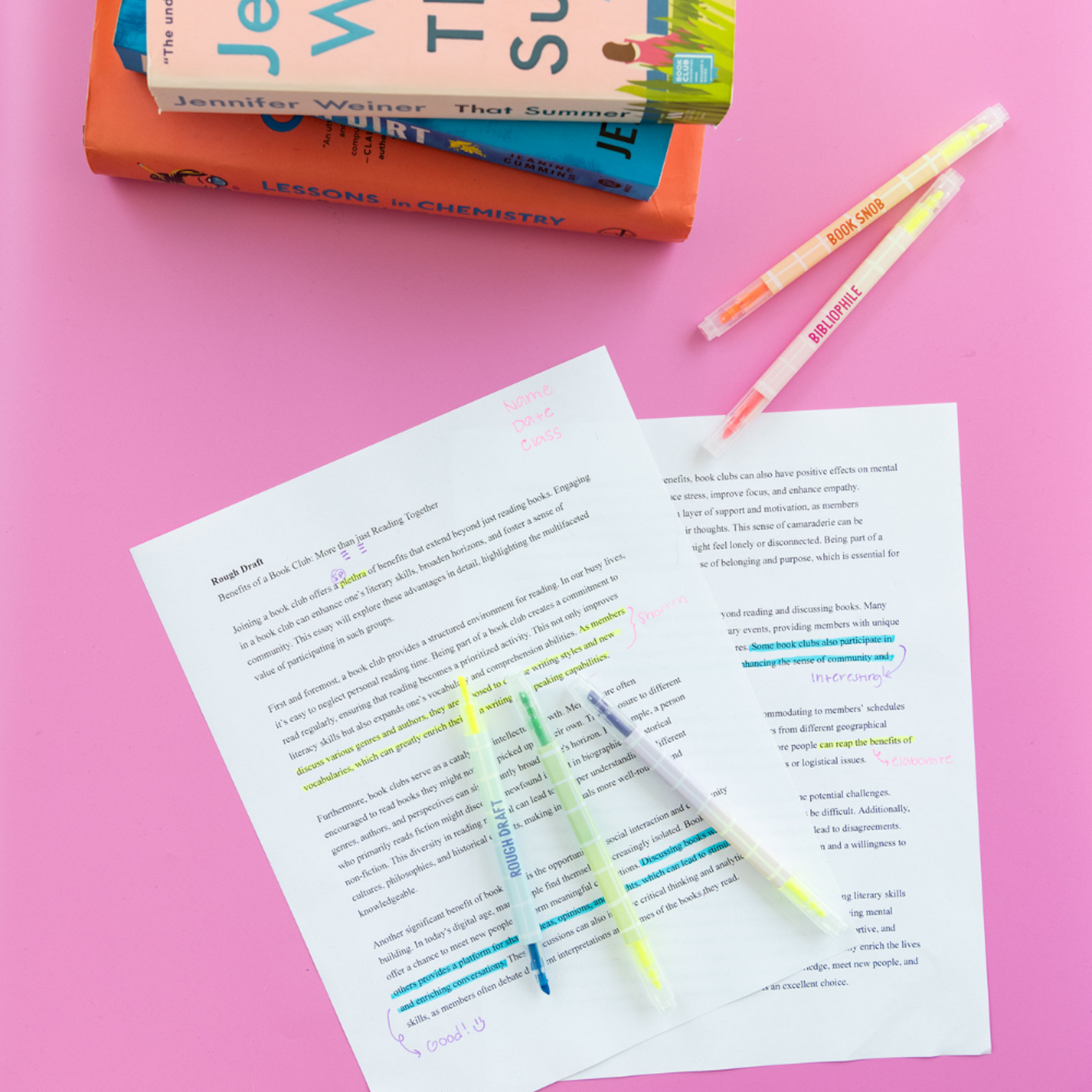 Book Club double-sided highlighter set styled with notebook and reading accessories, Jollity &amp; Co.