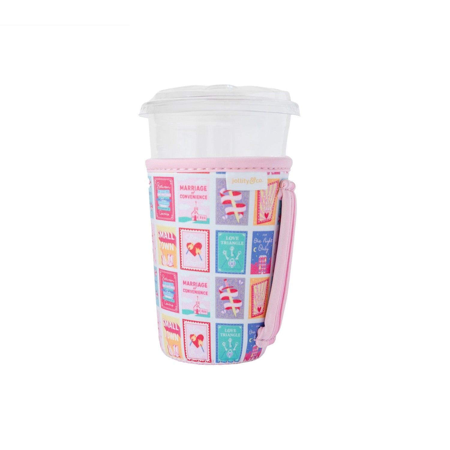 RomCom beverage sleeve flat lay displaying three style options with rom-com book-themed designs, Jollity &amp; Co.