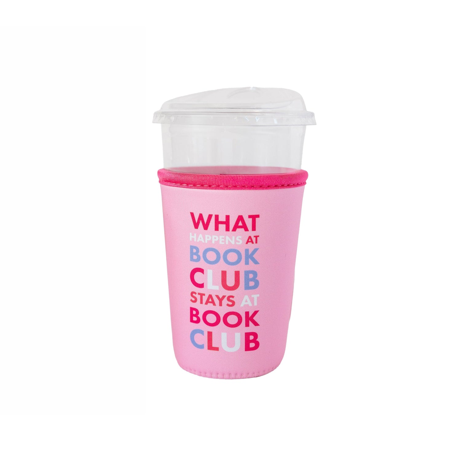 What Happens At Book Club medium beverage sleeve with book club slogan for literary drinks lovers, Jollity &amp; Co.