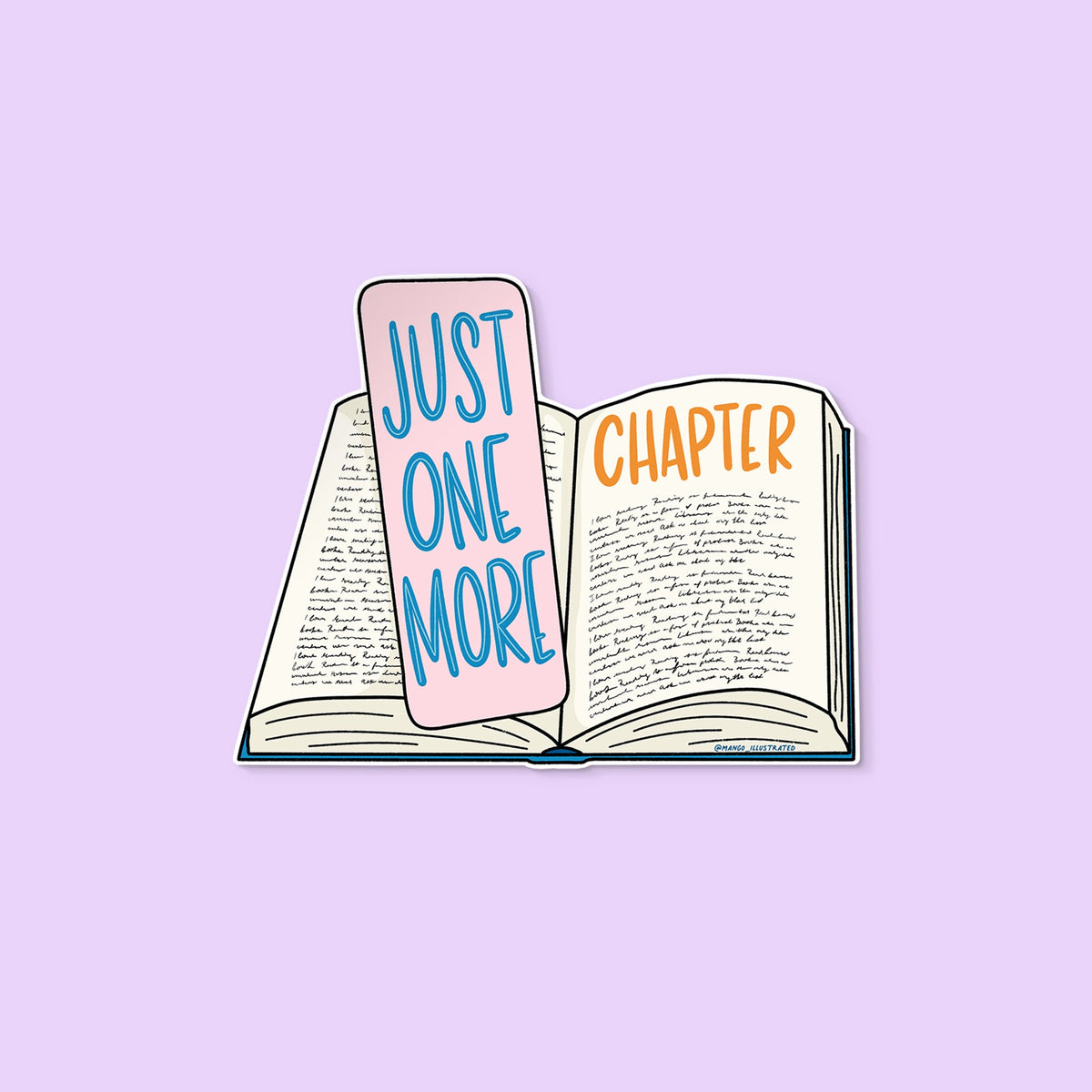 Just One More Chapter sticker flat lay — illustrated reading sticker by indie artist MangoIllustrated