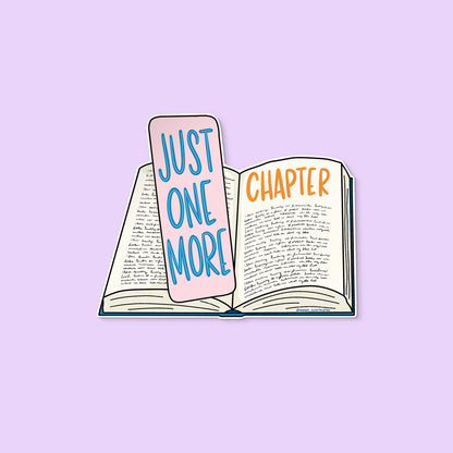 Just One More Chapter sticker flat lay — illustrated reading sticker by indie artist MangoIllustrated