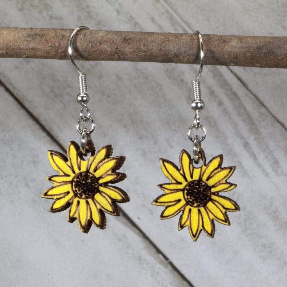 Hand-painted wooden Kansas sunflower dangle earrings with bright state flower design and hypoallergenic sterling silver hooks, sunflower state pride jewelry earrings for Kansas lovers