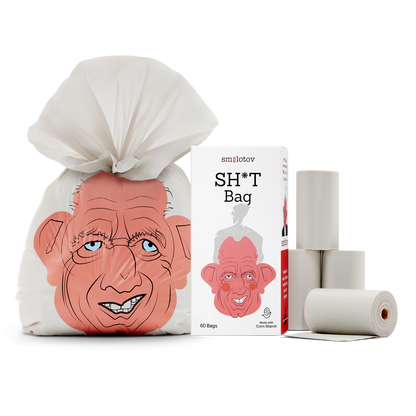Kennedizine tied waste bag with the character face, alongside the box and 4 rolls of 15 bags