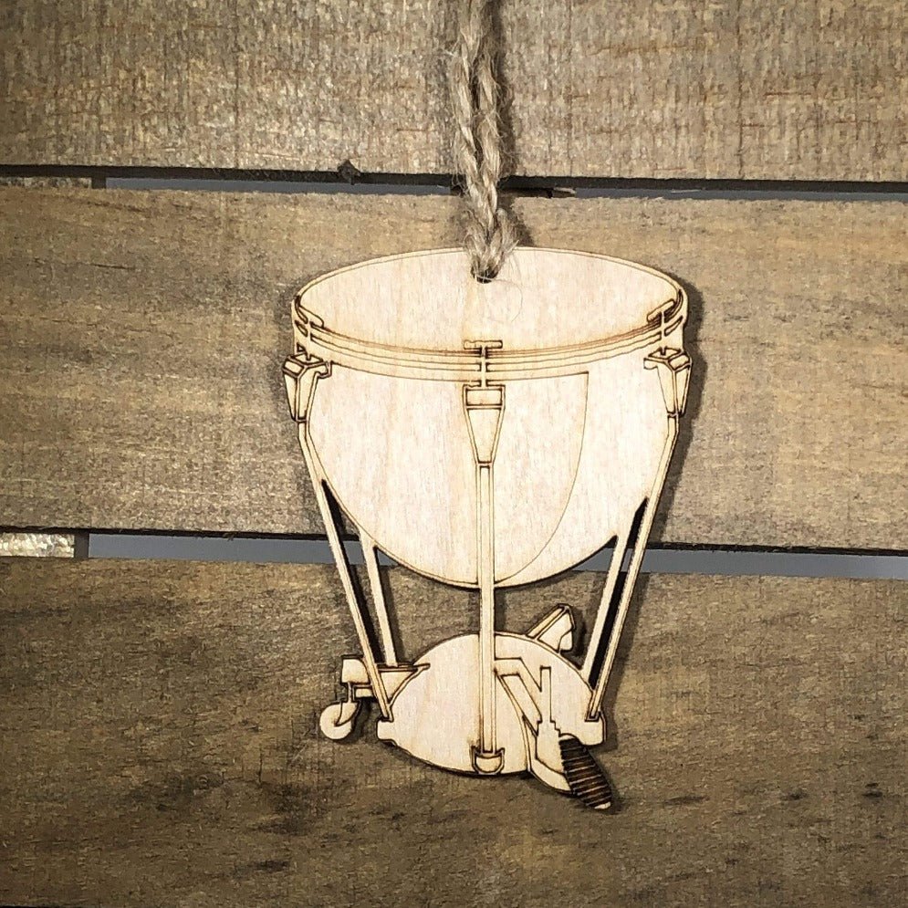 Hand-painted wooden kettle drum Christmas ornament featuring a classic timpani design with rounded drum body and detailed stand, festive holiday decor for percussionists and band enthusiasts by Cate’s Concepts