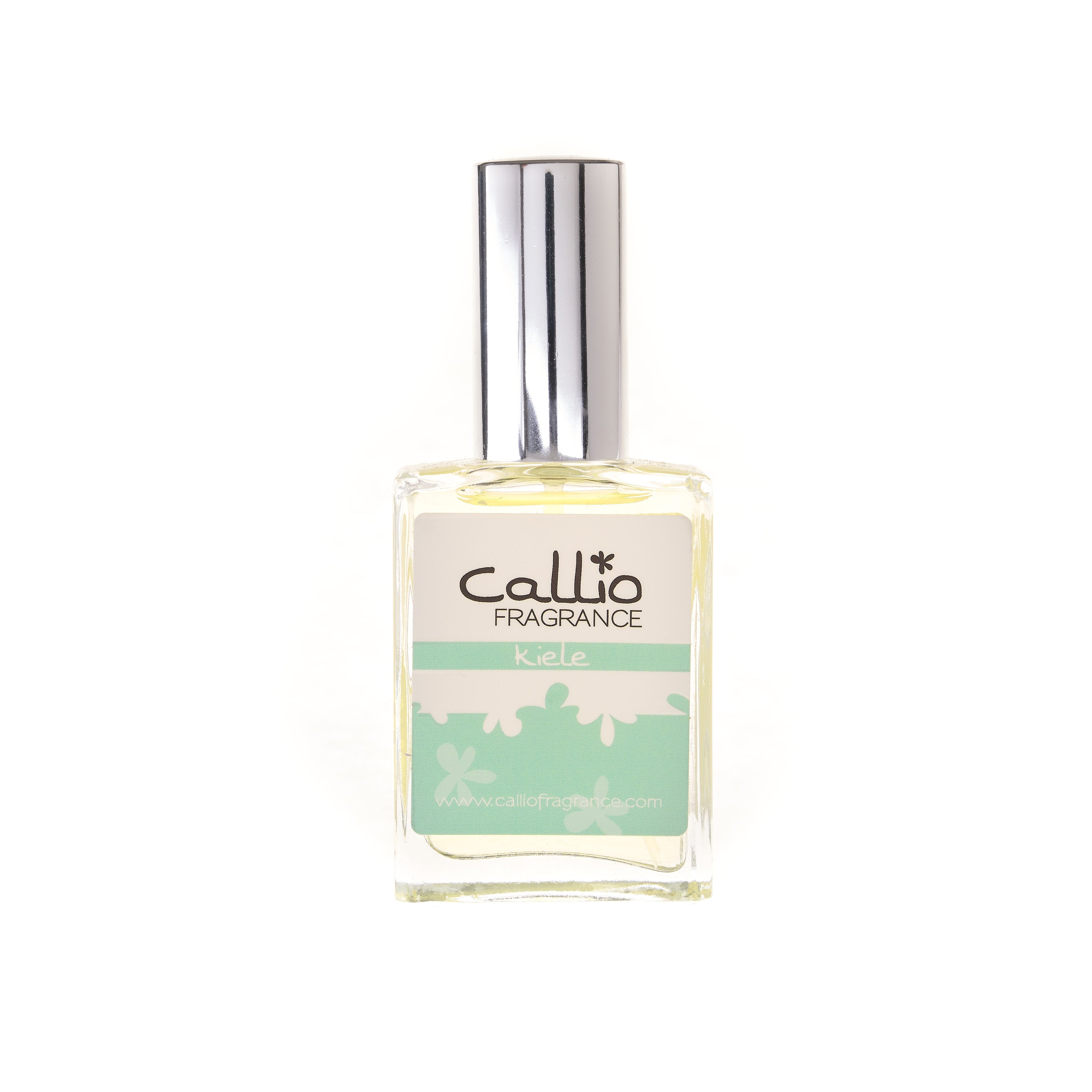 Image of a one-ounce bottle of Kiele Perfume by Callio Fragrance on a bright white background. The perfume includes notes of jasmine, gardenia, and tuberose.
