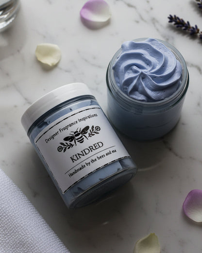 Jar of blue whipped body butter on it&