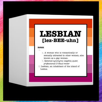 A 3D box mockup displaying a dictionary-style definition card for the word &