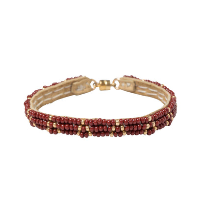 Red and gold triangle handmade Maasai beadwork thin bracelet by Sidai Designs, ethical artisan jewelry, fair trade sustainable gift Tanzania
