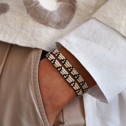 Ivory &amp; Black Triangle Beaded Thin Wrap Bracelet