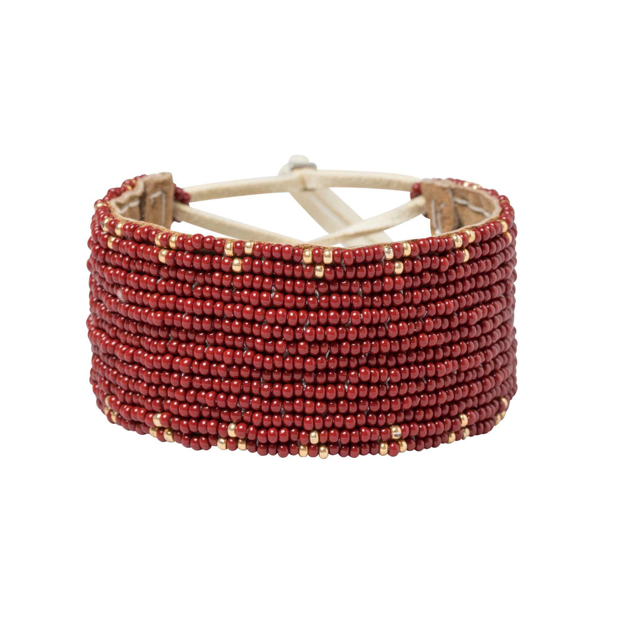 Small triangle red and gold handmade Maasai beadwork bracelet by Sidai Designs, ethical sustainable artisan jewelry brand, fair trade Tanzania