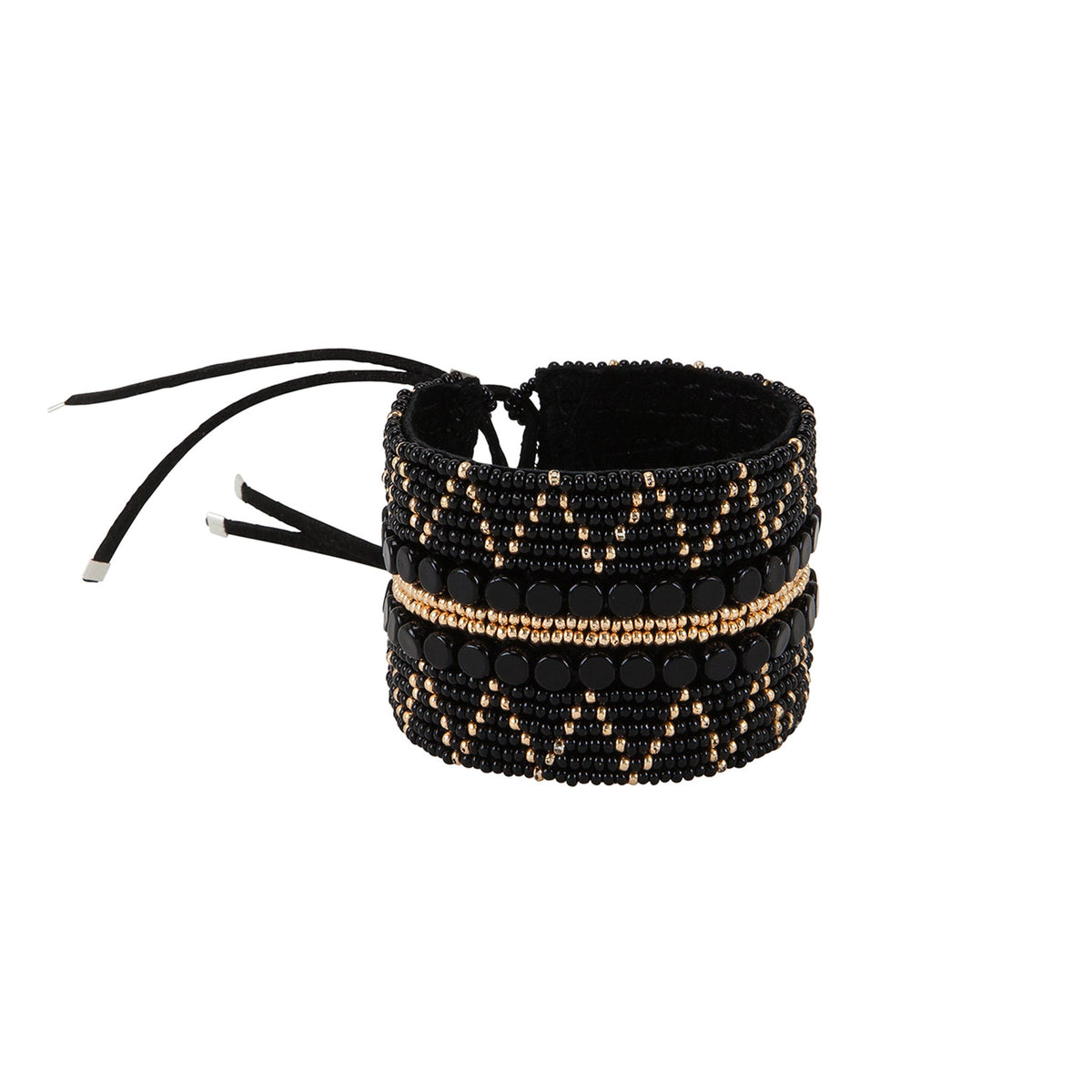 Journey black and gold handmade Maasai beadwork wide cuff bracelet by Sidai Designs, sustainable artisan jewelry brand, fair trade Tanzania