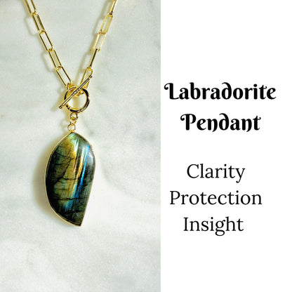 A gold chain necklace with a teardrop-shaped labradorite pendant, displayed on a white marble surface next to text that reads &