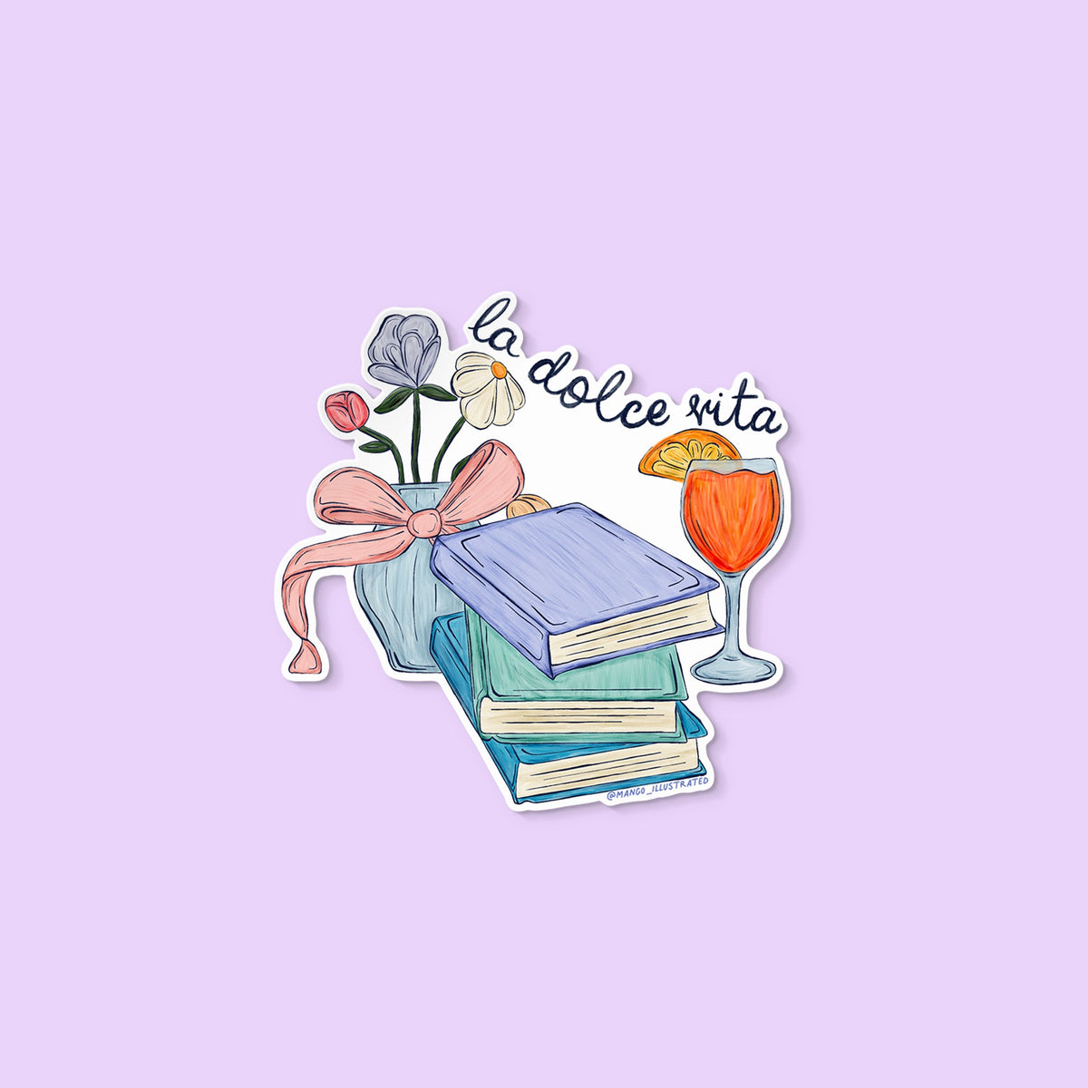 La Dolce Vita sticker — hand-drawn stacked books, ribbon-tied flowers and an Aperol spritz, approximately 3 in x 3 in, by MangoIllustrated